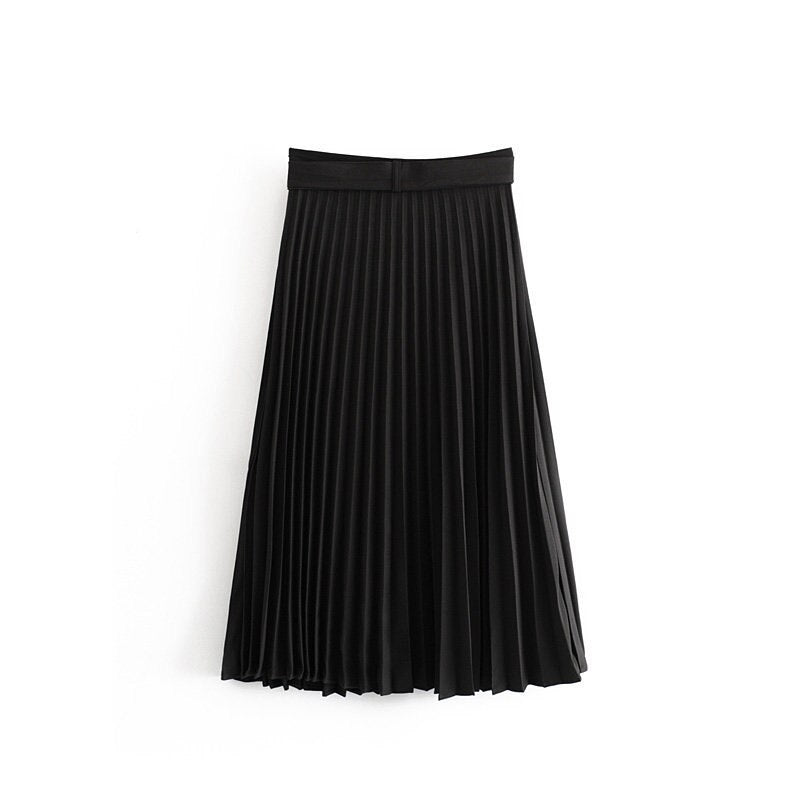 Casual Waist Pleated Midi Skirt With Belt Mssza