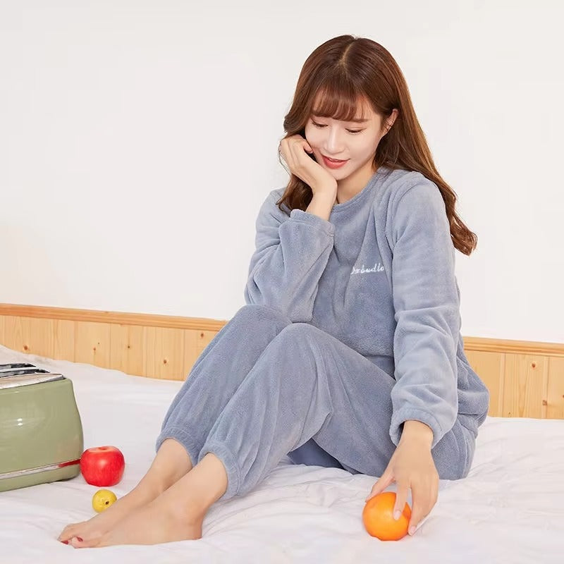 Casual Warm Coral Fleece Loose 2 Piece Pajamas Set Mssza