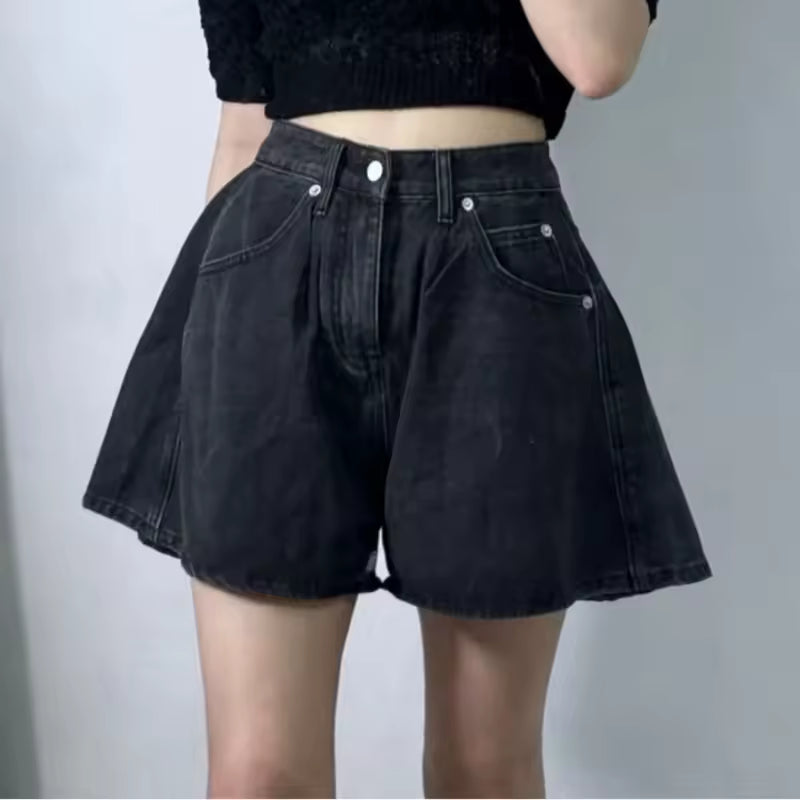 Casual Washed High Waist A-line Denim Shorts Pocket Loose Wide Leg Jeans Shorts Mssza