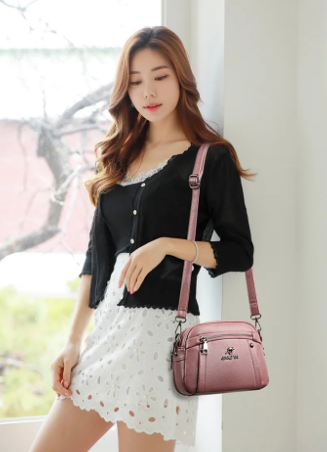 Casual Water-Resistant Solid Color Square Three Layer Zipper Closure Phone Purse Pouch Shoulder Crossbody Bag Mssza