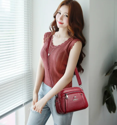 Casual Water-Resistant Solid Color Square Three Layer Zipper Closure Phone Purse Pouch Shoulder Crossbody Bag Mssza