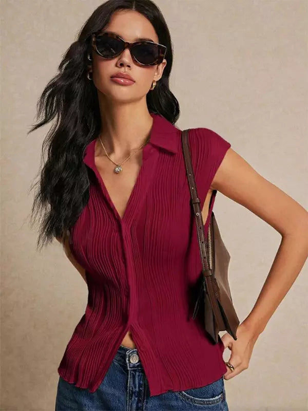 Casual Wave Pattern Shirt V-neck Button-down Blouse Top Mssza