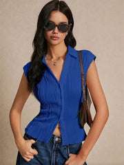 Casual Wave Pattern Shirt V-neck Button-down Blouse Top Mssza