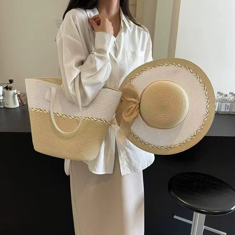 Casual Wide Brim Bow Straw Sun Straw Hat Fashionable Retro Tote Bag Tow-pieces Set Mssza