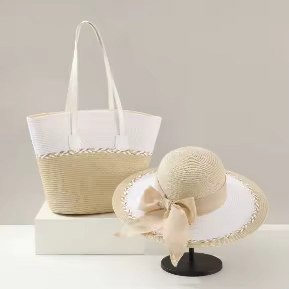 Casual Wide Brim Bow Straw Sun Straw Hat Fashionable Retro Tote Bag Tow-pieces Set Mssza