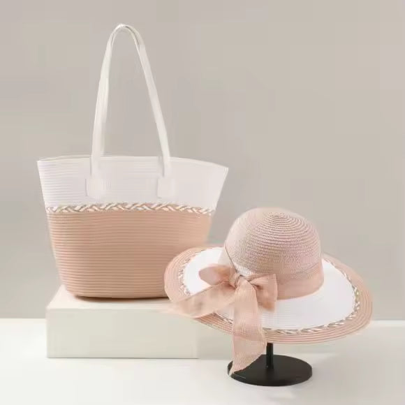 Casual Wide Brim Bow Straw Sun Straw Hat Fashionable Retro Tote Bag Tow-pieces Set Mssza