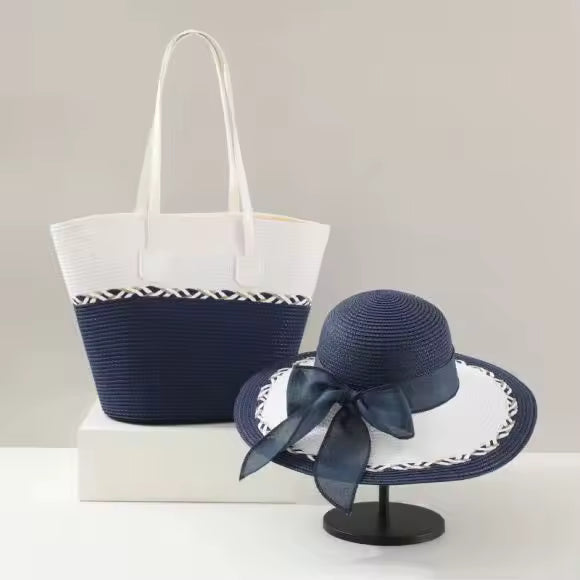 Casual Wide Brim Bow Straw Sun Straw Hat Fashionable Retro Tote Bag Tow-pieces Set Mssza