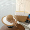 Casual Wide Brim Bow Straw Sun Straw Hat Fashionable Retro Tote Bag Tow-pieces Set Mssza