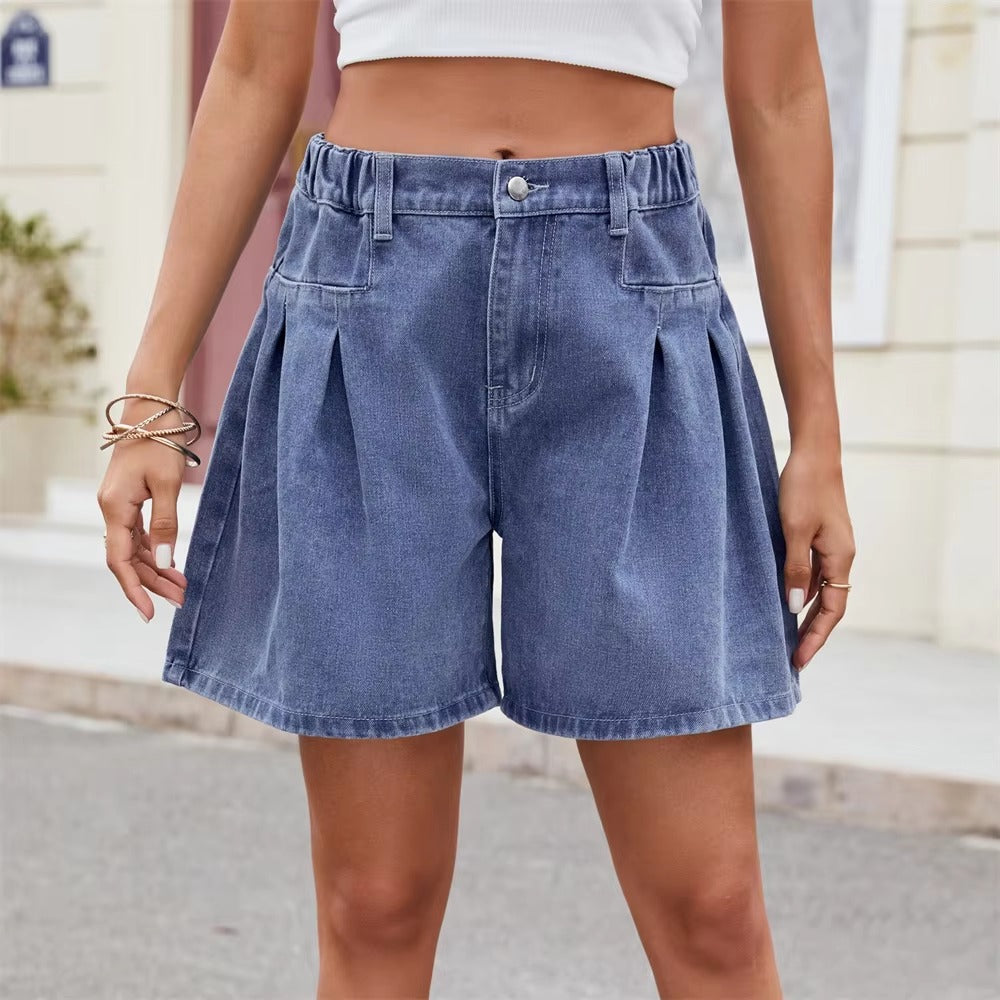 Casual Wide Leg Denim Vintage Elastic Waist Loose Jean Shorts Mssza