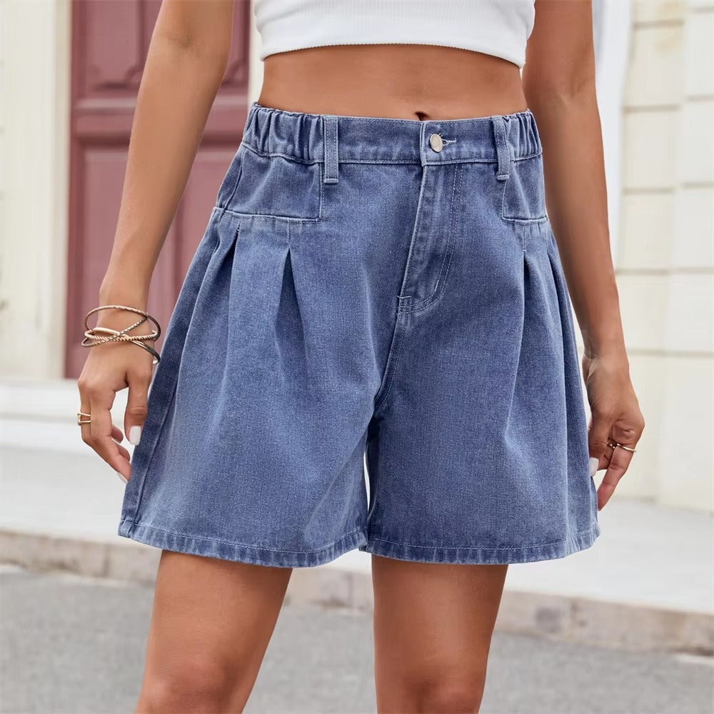 Casual Wide Leg Denim Vintage Elastic Waist Loose Jean Shorts Mssza