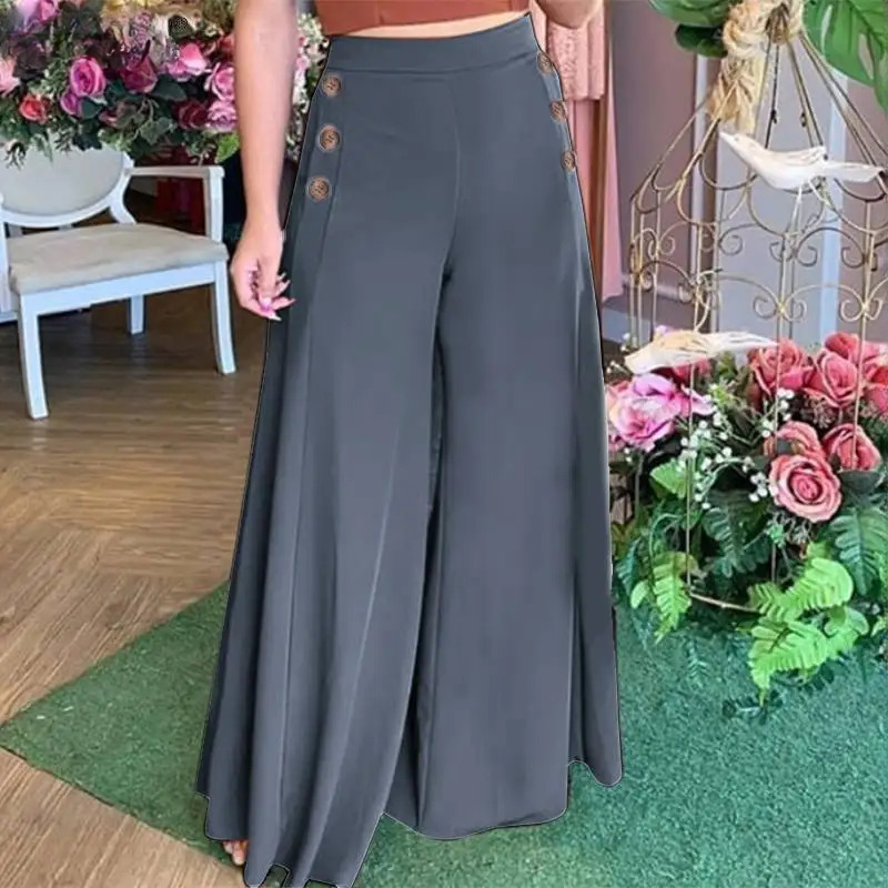 Casual Wide Leg Pants Vintage Elastic Waist Trousers Solid Button Bottoms Mssza