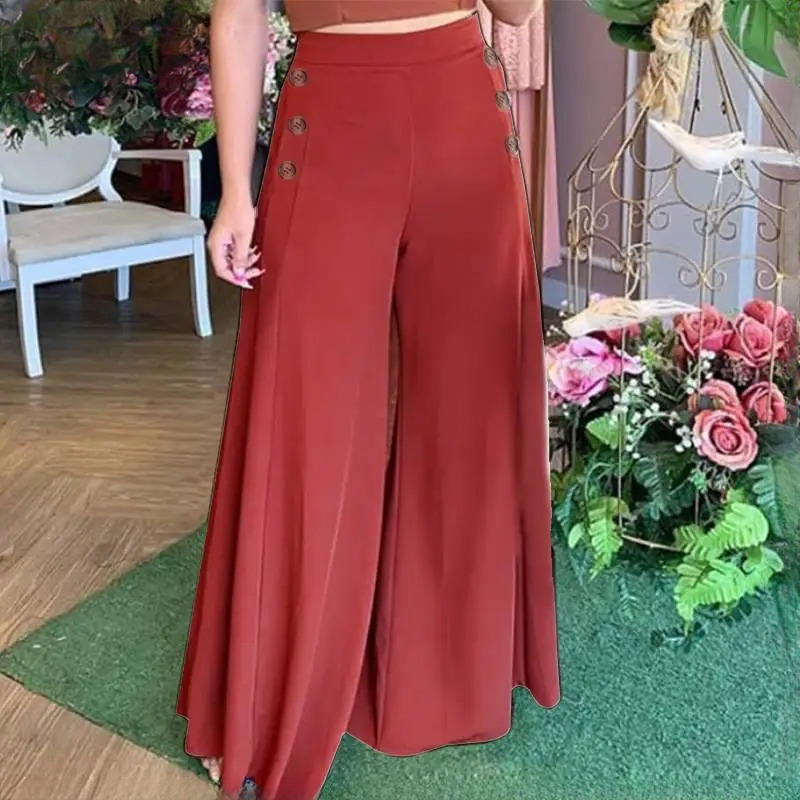 Casual Wide Leg Pants Vintage Elastic Waist Trousers Solid Button Bottoms Mssza