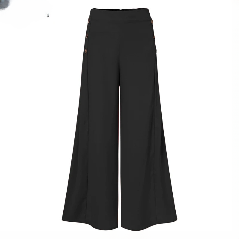 Casual Wide Leg Pants Vintage Elastic Waist Trousers Solid Button Bottoms Mssza