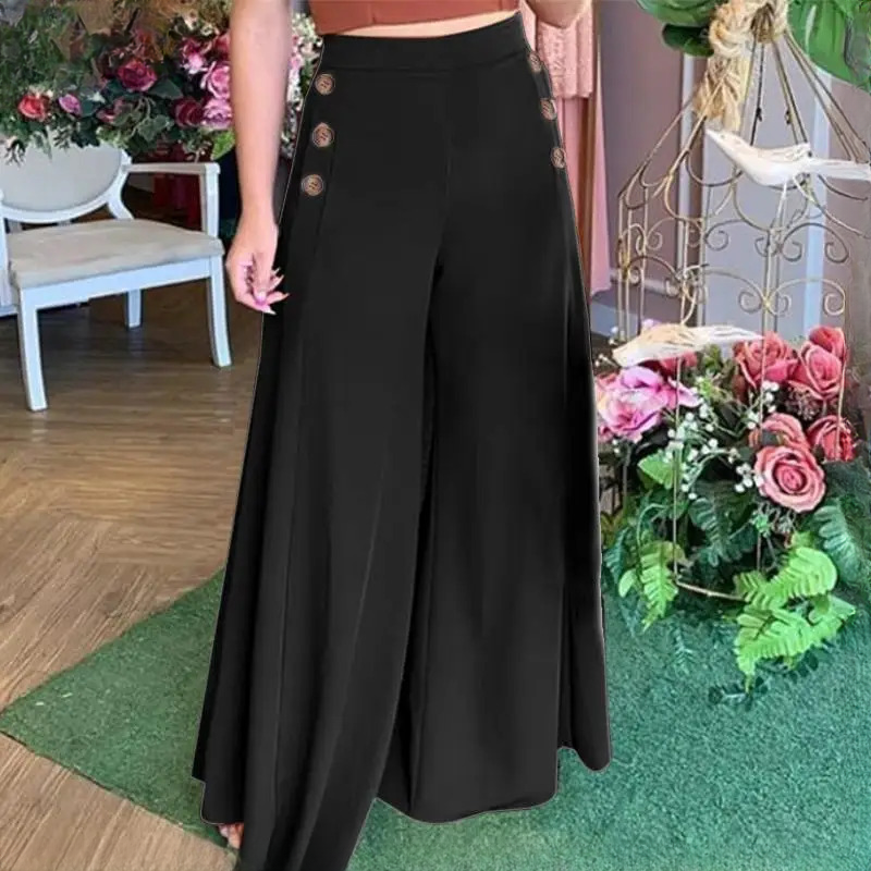 Casual Wide Leg Pants Vintage Elastic Waist Trousers Solid Button Bottoms Mssza