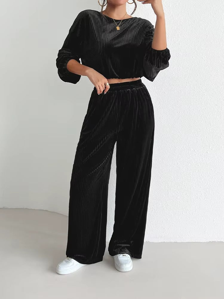 Casual Wide-leg Pants Crop Tops Two Piece Outfits Mssza