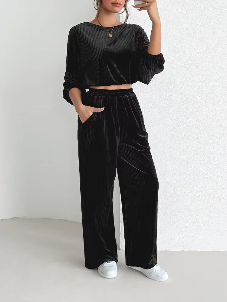 Casual Wide-leg Pants Crop Tops Two Piece Outfits Mssza