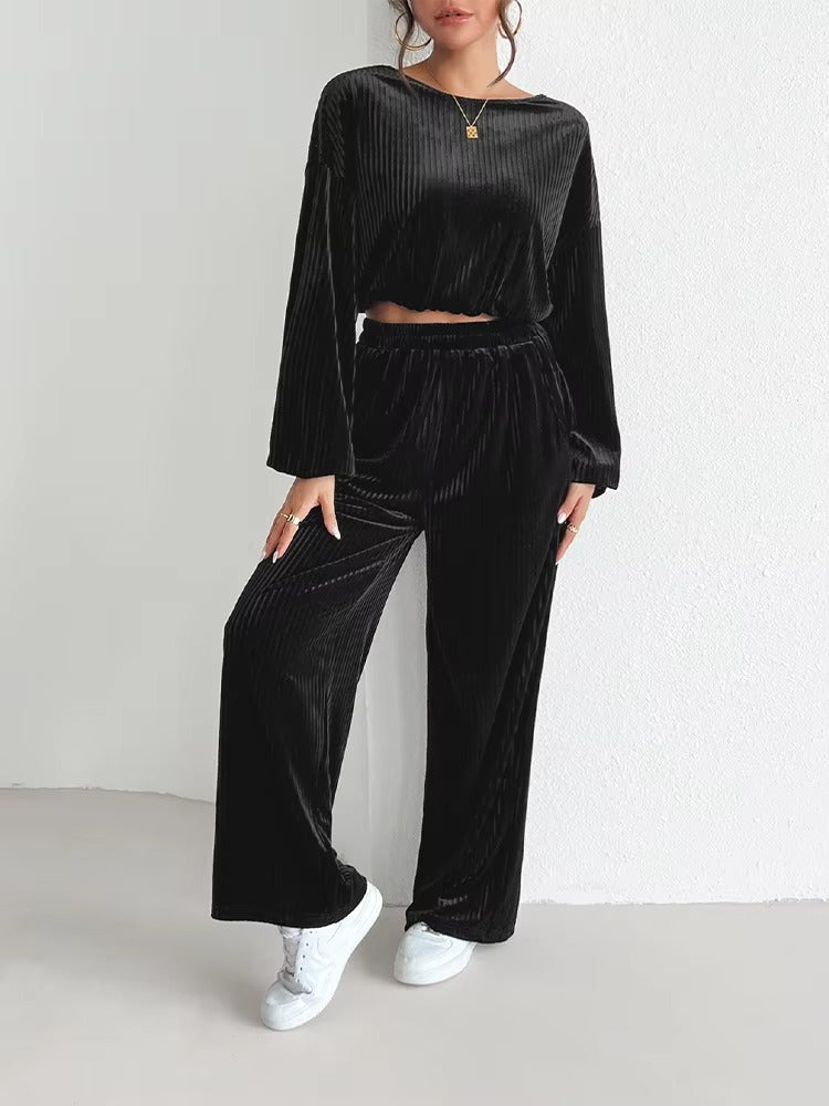 Casual Wide-leg Pants Crop Tops Two Piece Outfits Mssza