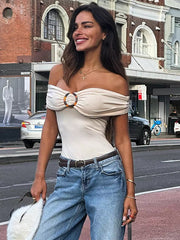 Casual With Circular Pleated Buckle Street Wear Off-Shoulder Top Mssza