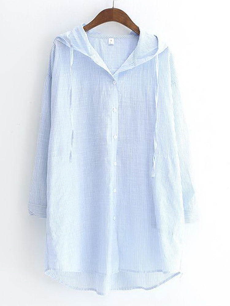 Casual Women Loose Button Irregular Hem Hooded Shirts Mssza