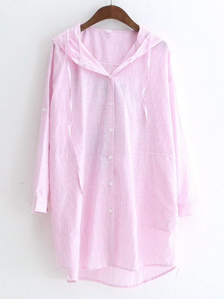Casual Women Loose Button Irregular Hem Hooded Shirts Mssza
