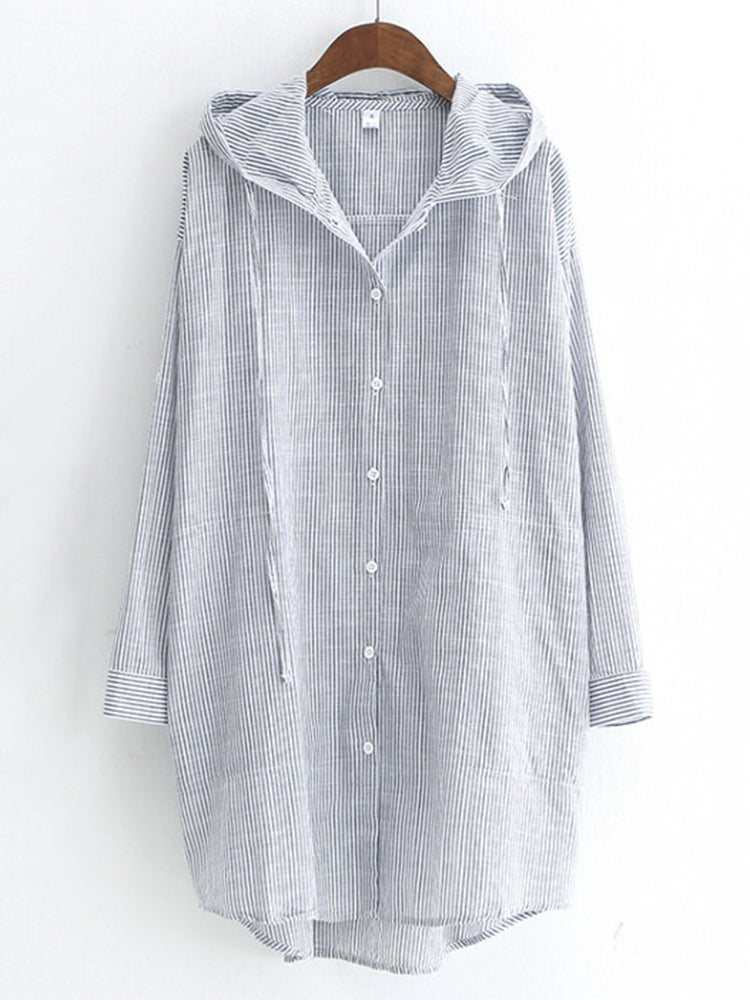 Casual Women Loose Button Irregular Hem Hooded Shirts Mssza