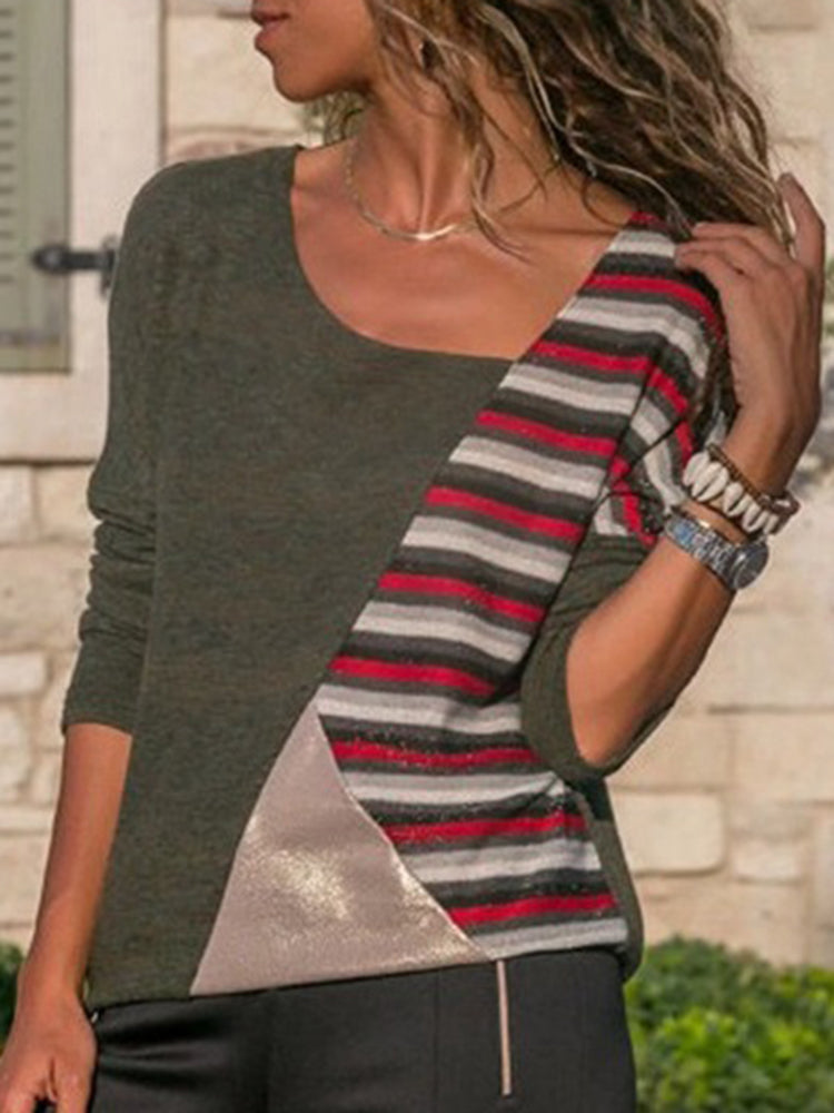 Casual Women Patchwork Asymmetrical Collar Long Sleeve Blouse Mssza