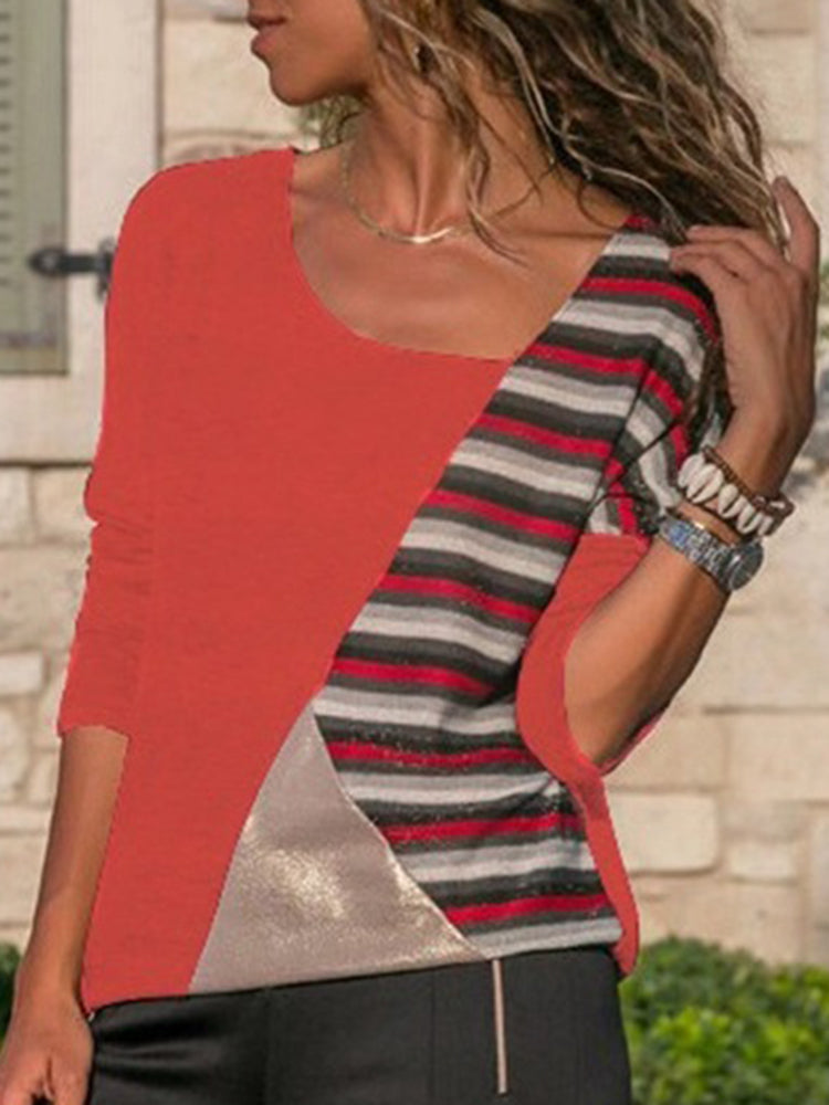 Casual Women Patchwork Asymmetrical Collar Long Sleeve Blouse Mssza