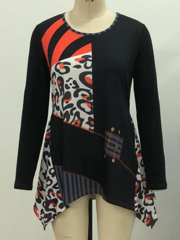 Casual Women Print Irregular Hem Long Sleeve Blouse Mssza