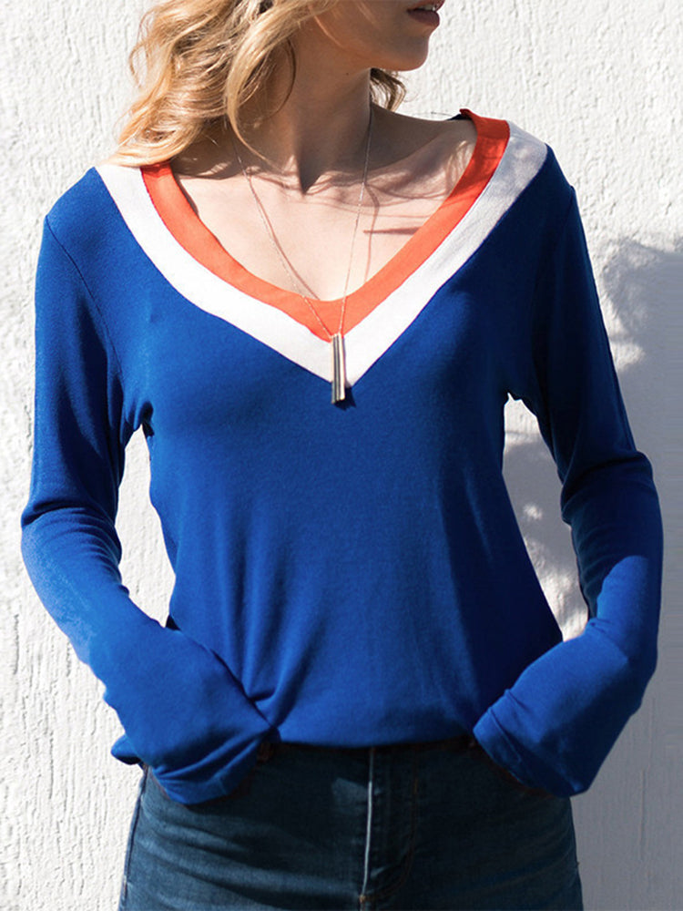 Casual Women Solid Color V-Neck Long Sleeve Blouse Mssza