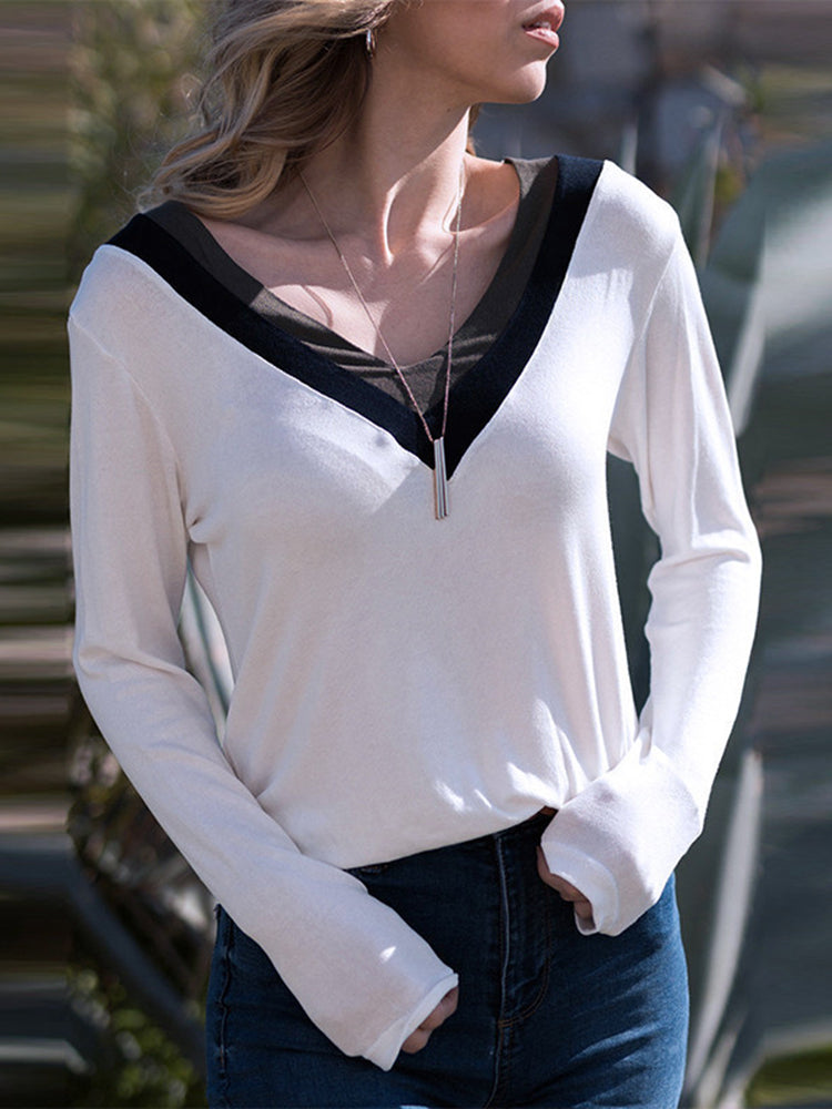 Casual Women Solid Color V-Neck Long Sleeve Blouse Mssza