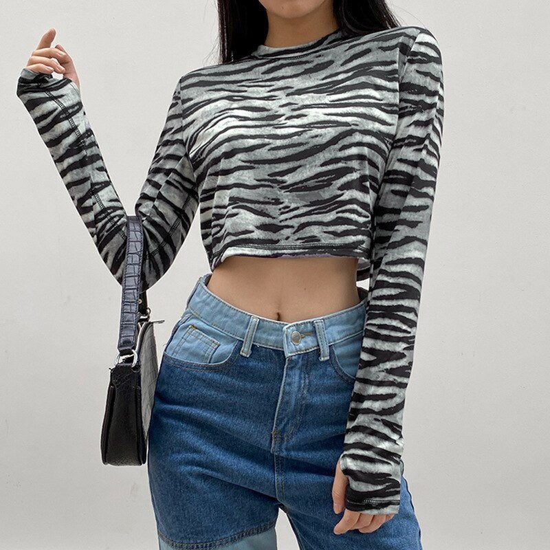 Casual Zebra O-Neck Long Sleeve Crop Top Mssza