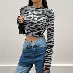 Casual Zebra O-Neck Long Sleeve Crop Top Mssza