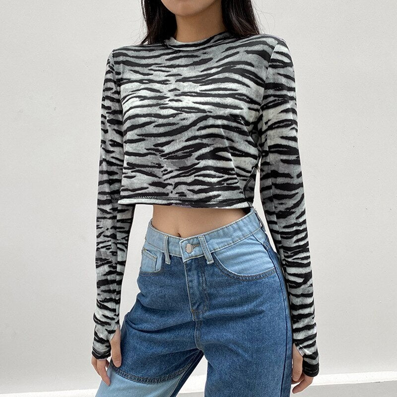 Casual Zebra O-Neck Long Sleeve Crop Top Mssza