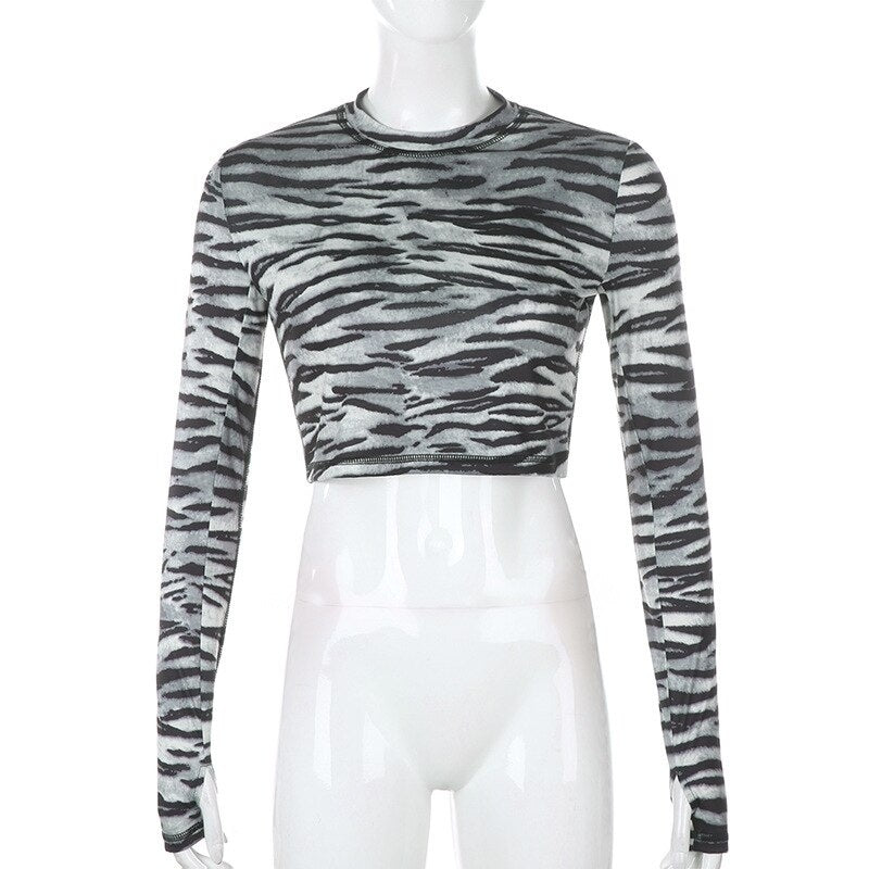 Casual Zebra O-Neck Long Sleeve Crop Top Mssza