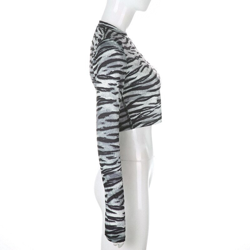Casual Zebra O-Neck Long Sleeve Crop Top Mssza