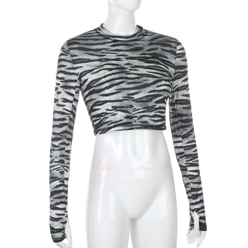 Casual Zebra O-Neck Long Sleeve Crop Top Mssza