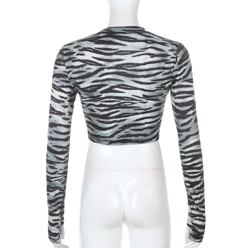 Casual Zebra O-Neck Long Sleeve Crop Top Mssza