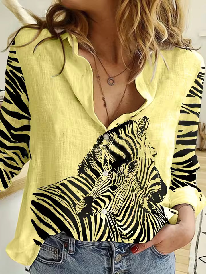 Casual Zebra Stripe Button Printed Long Sleeve Vintage Daily Basic Shirt Mssza