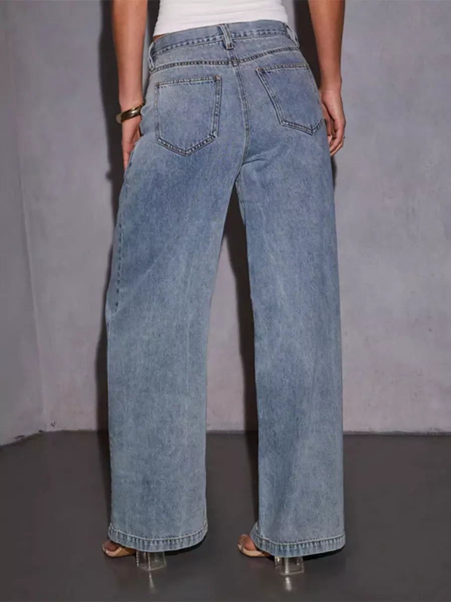 Casual Zipper Fly High Waist Buttons Wide-leg Straight Street Wear Jeans Mssza