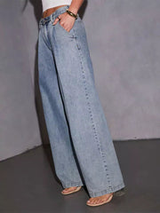 Casual Zipper Fly High Waist Buttons Wide-leg Straight Street Wear Jeans Mssza