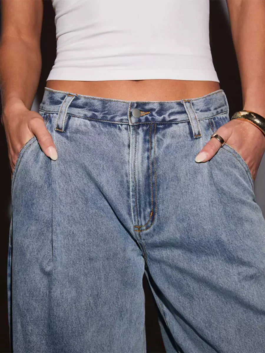 Casual Zipper Fly High Waist Buttons Wide-leg Straight Street Wear Jeans Mssza