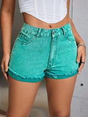 Casual Zipper Fly High Waist Loose Streetwear Rolled Hem Denim Jeans Shorts Mssza
