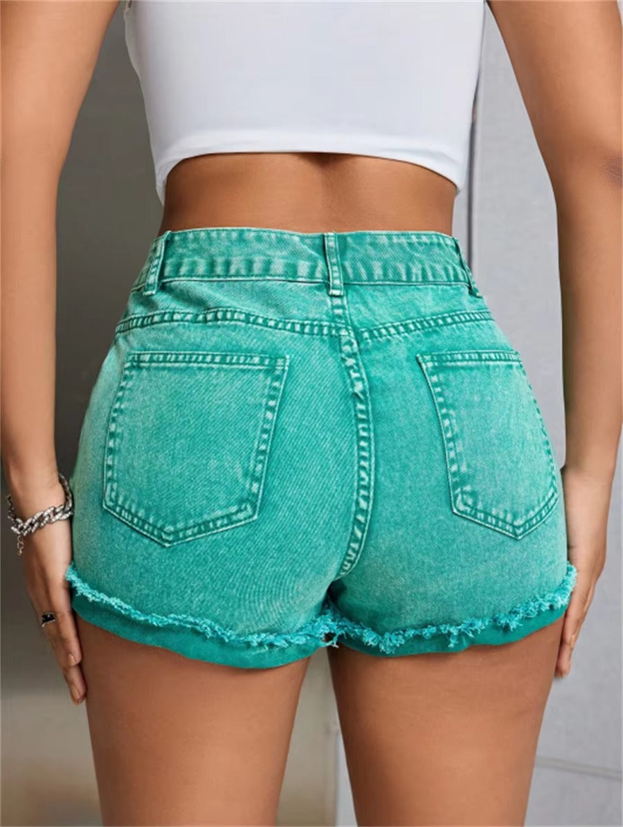 Casual Zipper Fly High Waist Loose Streetwear Rolled Hem Denim Jeans Shorts Mssza