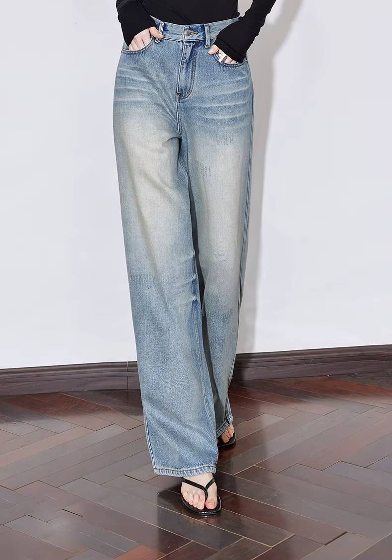 Casual Zipper Fly Mid Waist Non Stretch Wide Leg Straight Pant Mssza
