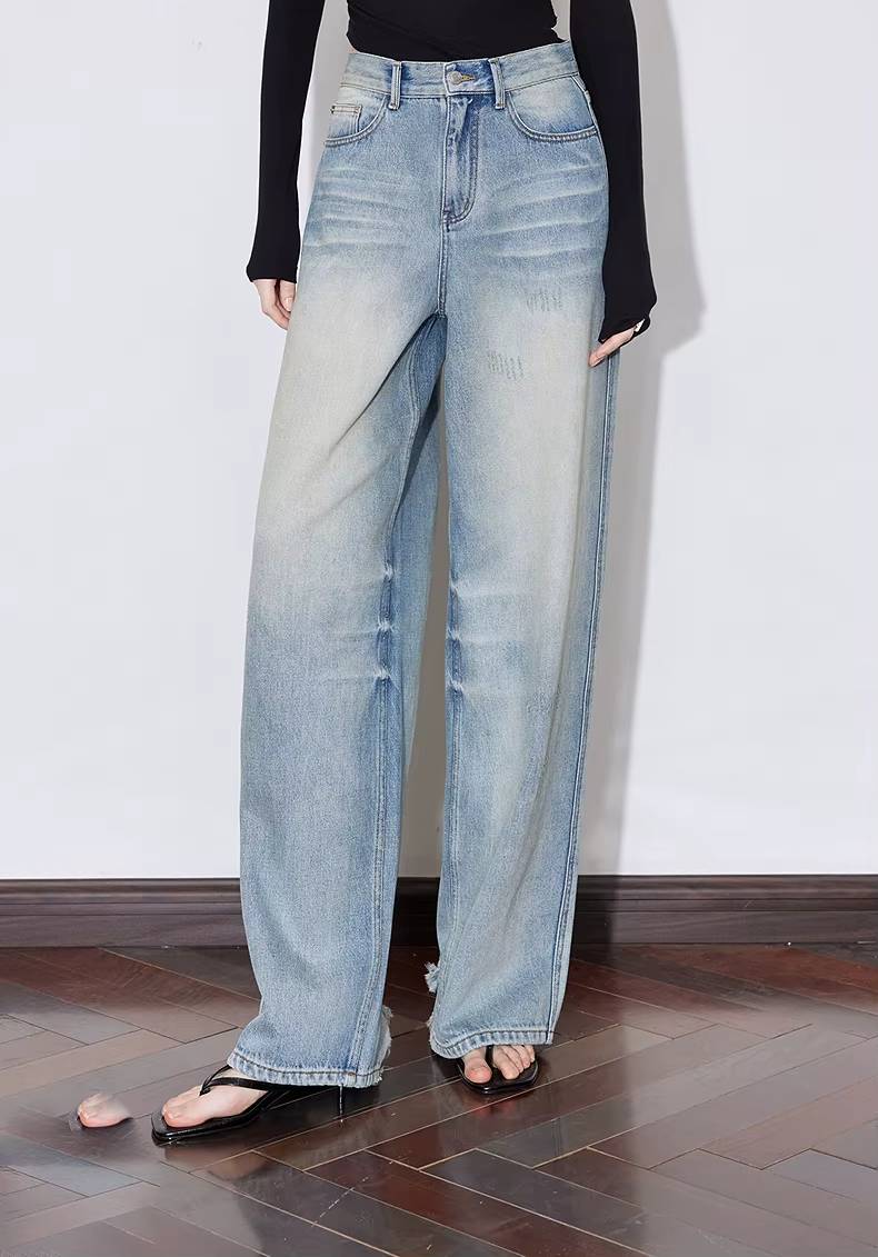 Casual Zipper Fly Mid Waist Non Stretch Wide Leg Straight Pant Mssza