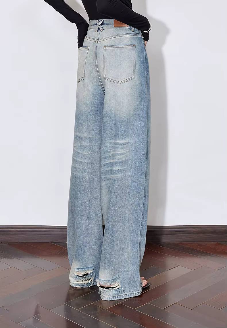 Casual Zipper Fly Mid Waist Non Stretch Wide Leg Straight Pant Mssza