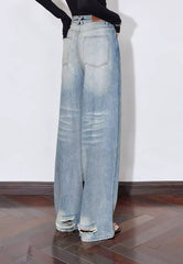 Casual Zipper Fly Mid Waist Non Stretch Wide Leg Straight Pant Mssza