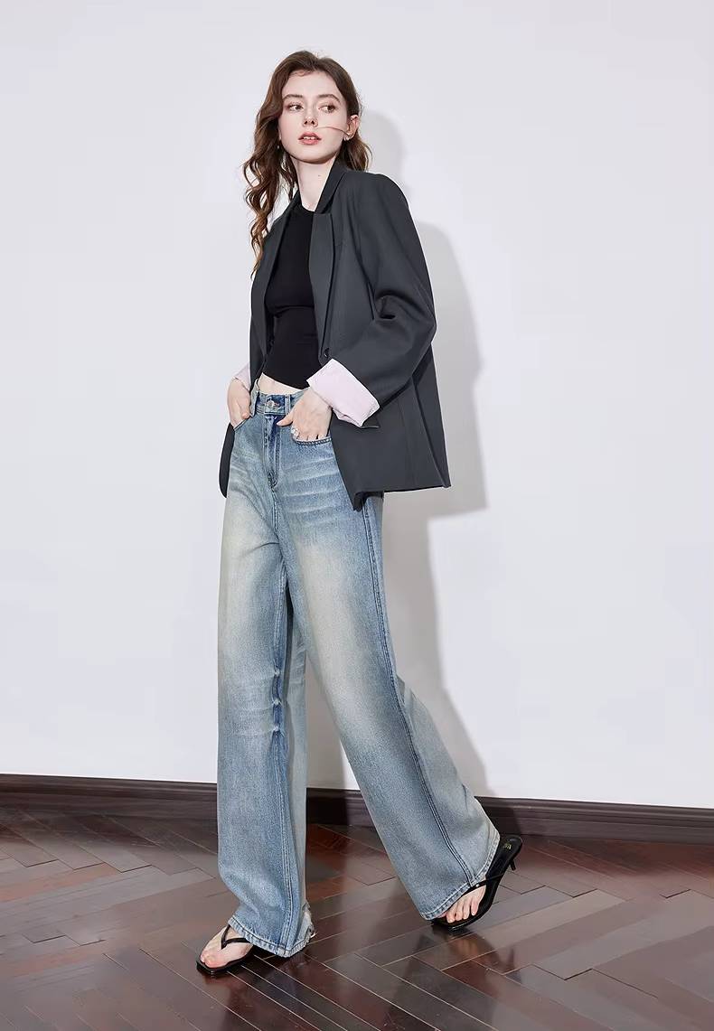 Casual Zipper Fly Mid Waist Non Stretch Wide Leg Straight Pant Mssza