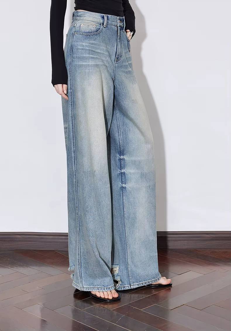 Casual Zipper Fly Mid Waist Non Stretch Wide Leg Straight Pant Mssza