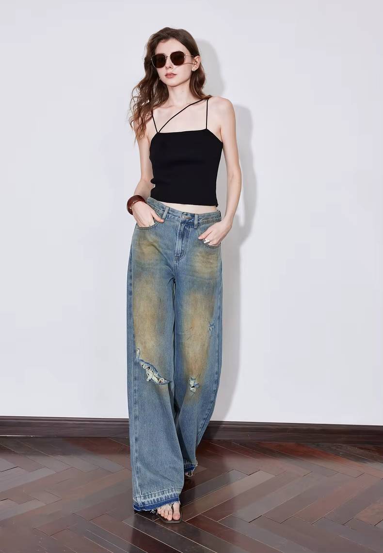 Casual Zipper Fly Mid Waist Straight Wide Leg Long Pants Mssza